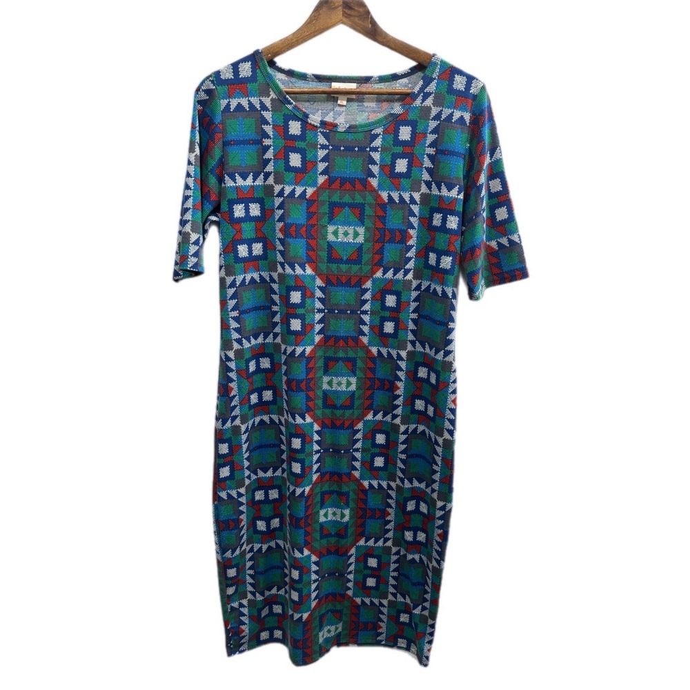 LuLaRoe Julia Sheath Dress Women XL Blue Green Red Excellent Geometric Tribal